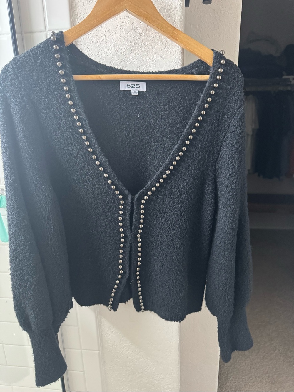 525 America Black V-Neck Cardigan with Silver Stud Trim